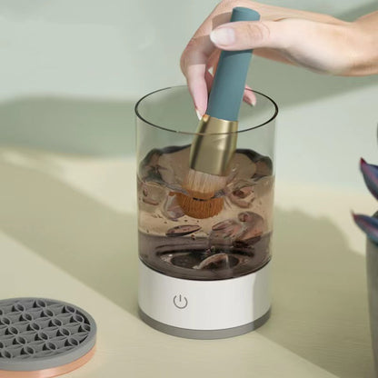 Makeup brush cleaner spin-dry function in use