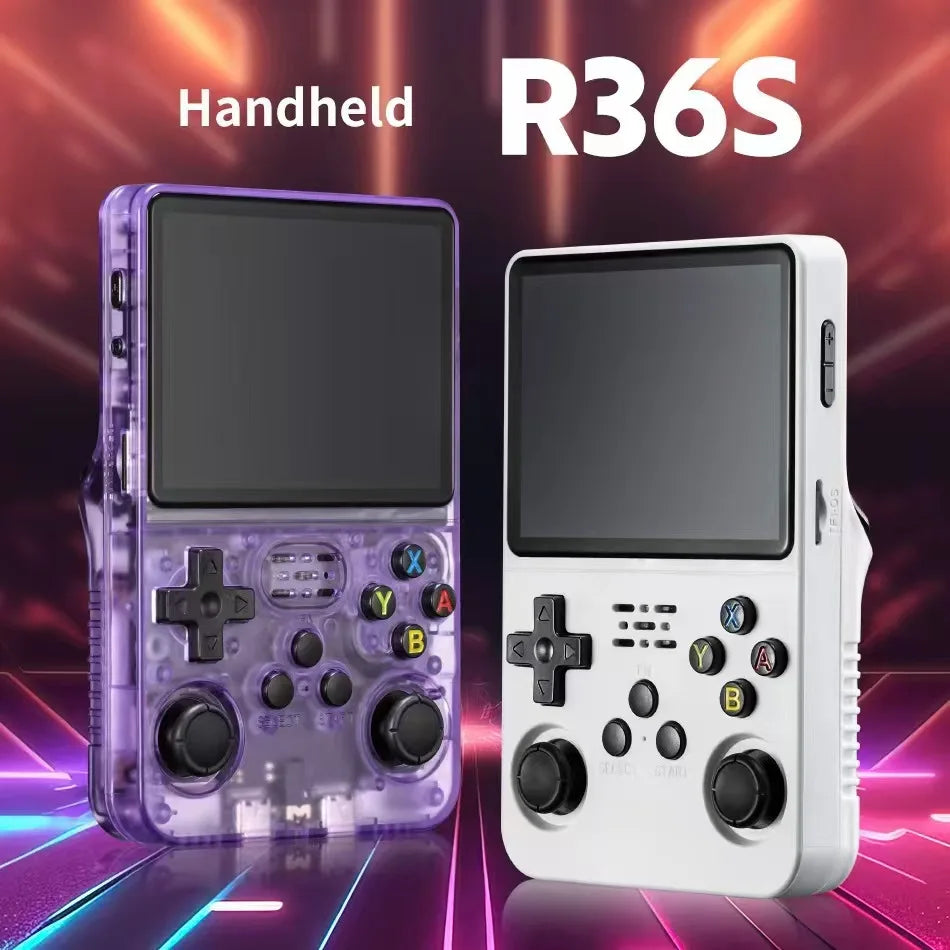 R36S handheld console showing preloaded game menu on IPS display