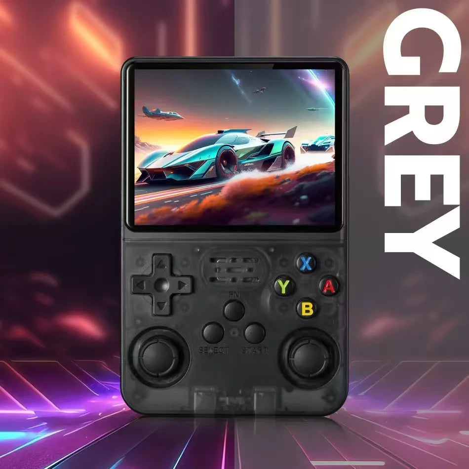 R36S yellow handheld console held in hands during gameplay