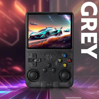 R36S yellow handheld console held in hands during gameplay