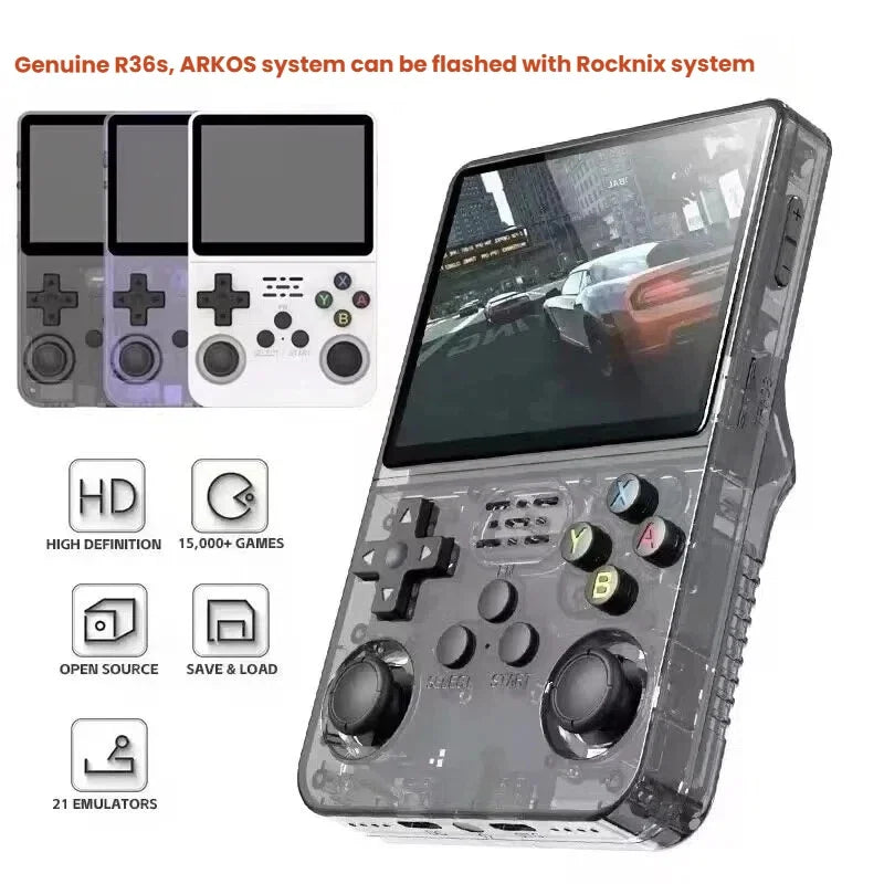 R36S retro handheld game console in red — front view showing 3.5 inch IPS screen