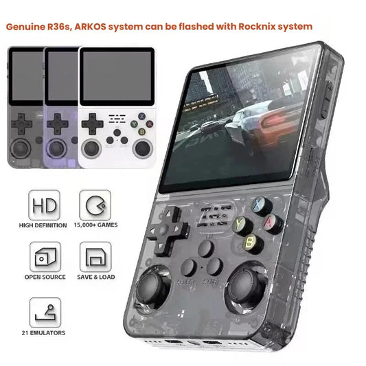 R36S retro handheld game console in red — front view showing 3.5 inch IPS screen