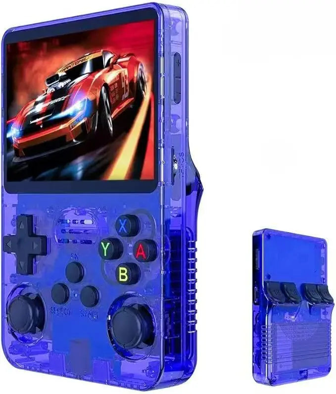R36S game console box contents — console, microSD, USB-C cable, manual