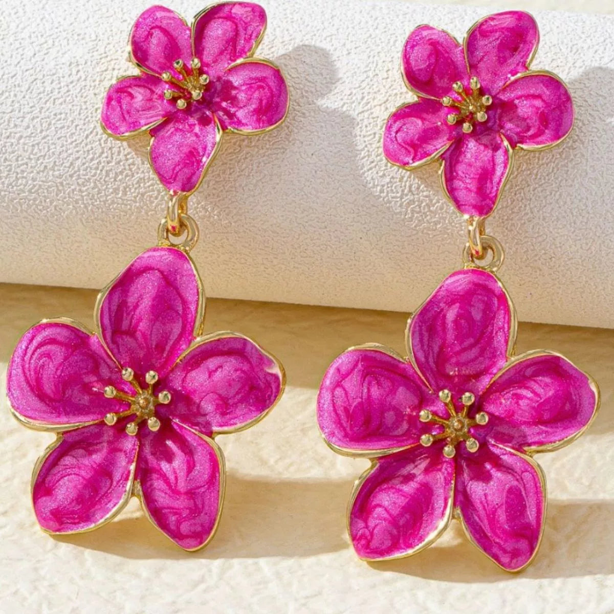 BloomDrop floral dangle earrings close-up resin flower detail